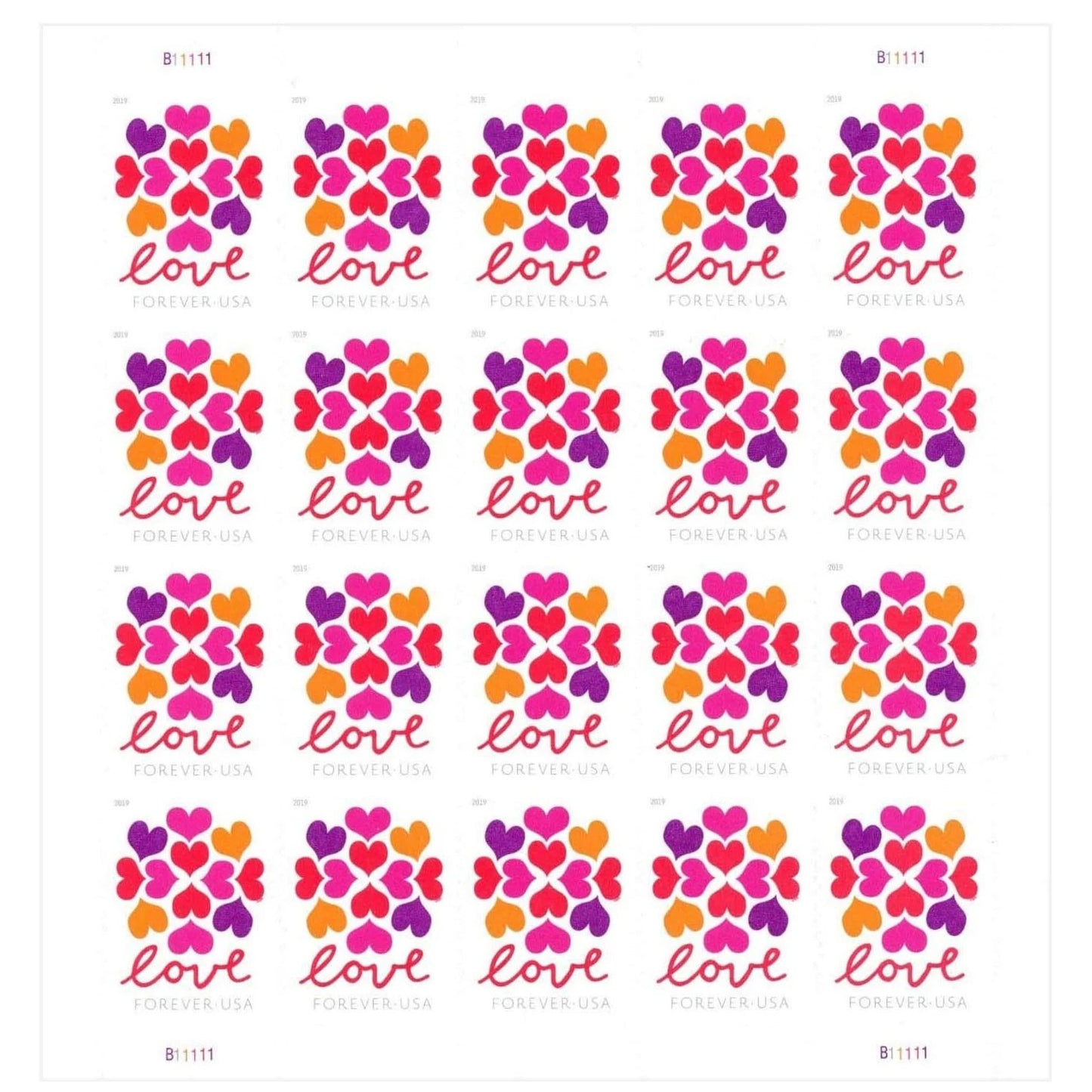 100 Forever Stamps - Hearts Blossom Design in Booklets of 20 x 5; Total 100 Stamps
