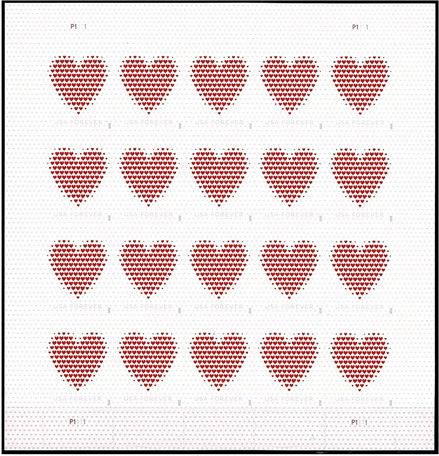 1,000 Forever Stamps - Made of Hearts design in booklets of of 20 x 50: Total of 1,000 Forever Stamps